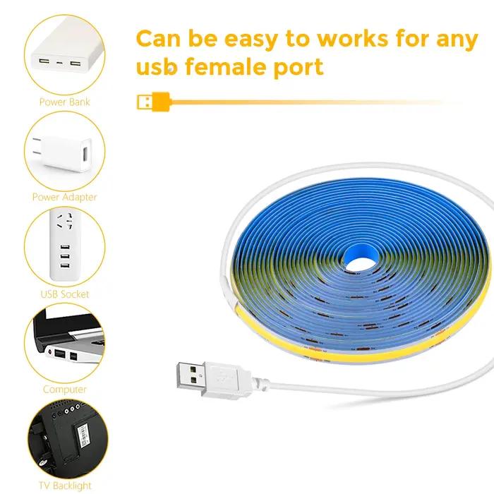 Bande lumineuse LED COB USB DC 5V, Super brillante, 320 diodes/m, avec balayage manuel, interrupteur