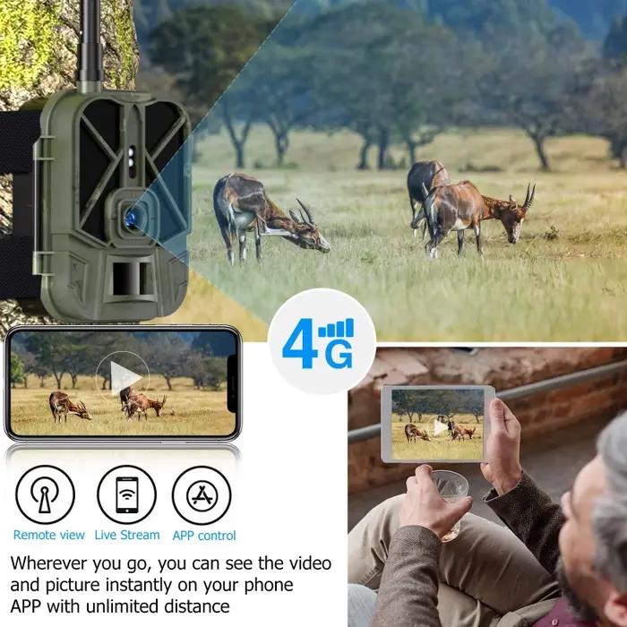 Caméra de chasse cellulaire 4G HD avec vidéo en direct, batterie au lithium, 50MP, 4K, application d