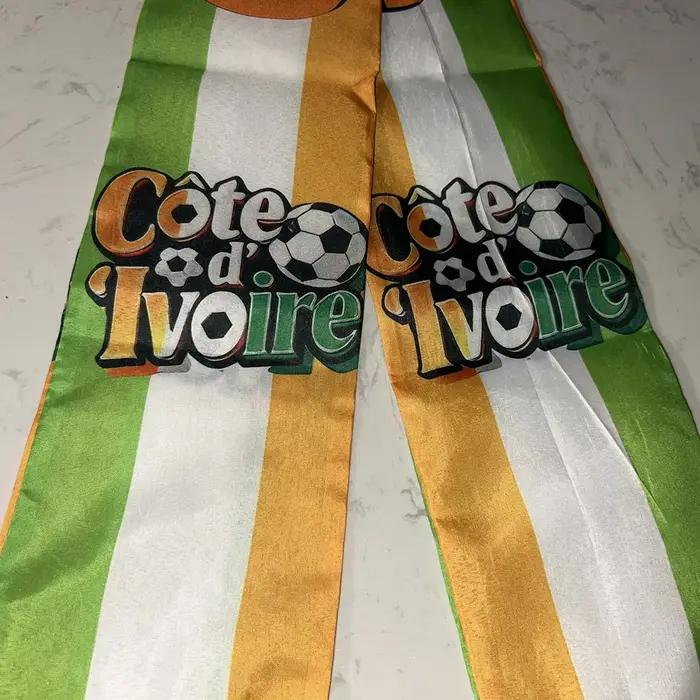 (SKY FLAG) Écharpe de la Côte d'Ivoire 14x135cm en satin double face, écharpe aux couleurs du drapeau de la Côte d'Ivoire avec pompons pour la Coupe de Football, les sports, les événements