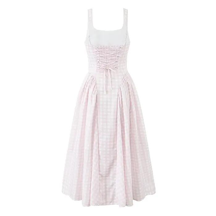 YENKYE à lacets pansement Plaid Robe à bretelles femmes élégant col carré taille basse a-ligne Midi