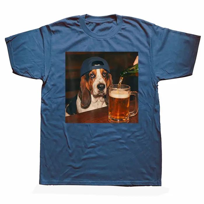 T-shirt humoristique Basset buvant de la bière, mème de chien pour la fête des pères, streetwear, manches courtes, unisexe, coupe ample