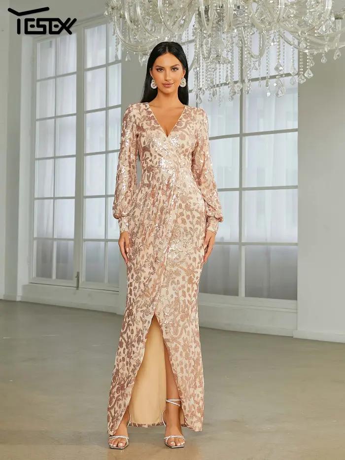 Yesexy 2026 Nouvelle Robe de Soirée Formelle à Col en V et Manches Longues avec Fente pour Mariage
