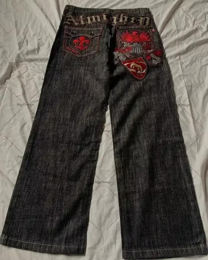 Jean brodé avec lettres patchwork américaines pour hommes, style gothique Harajuku, jambes larges, p