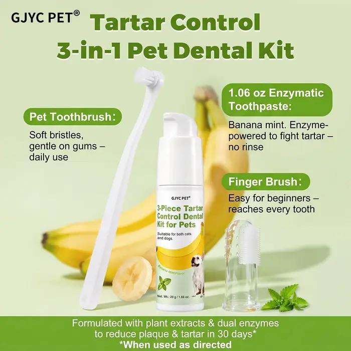 Kit de Soins Dentaires pour Animaux 3 Pièces – Gel Dentifrice Menthe Banane Anti-Tartre et Anti-Plaque pour Chiens et Chats – Haleine Fraîche et Soin Buccal Doux