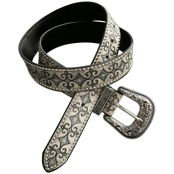 Ceinture en cuir cloutée à motifs vintage avec motifs floraux gris