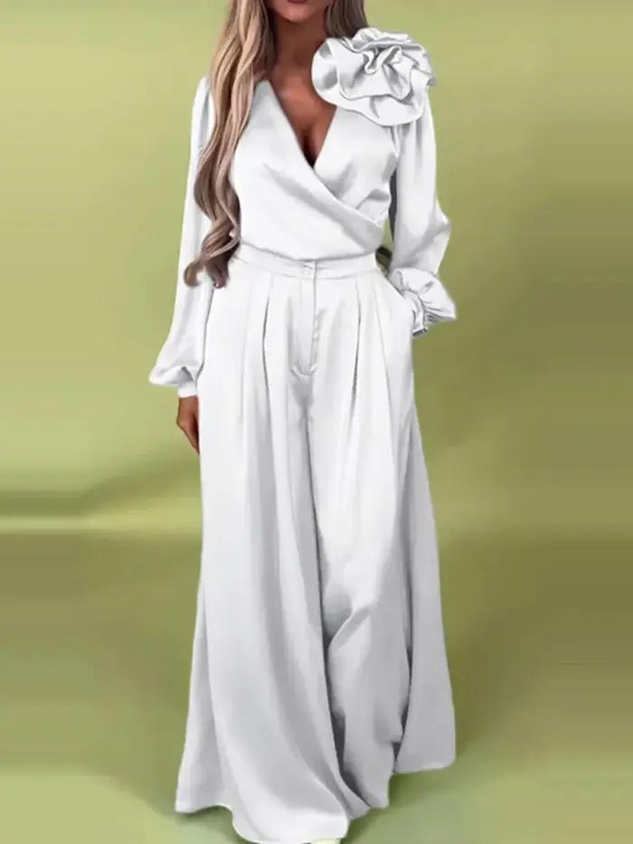 Ensemble deux pièces assorti pour femmes, décontracté, col en V, couleur unie, manches longues, jamb