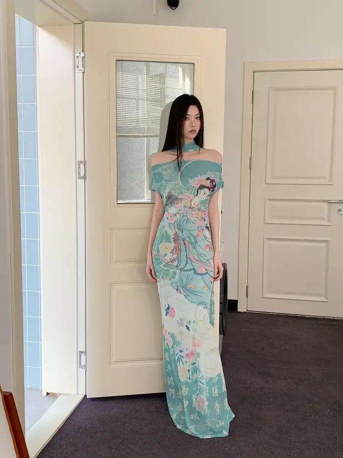 CHEERART mythe fée imprimé Vintage hors de l'épaule robe Maxi femmes maille tuniques moulante longue