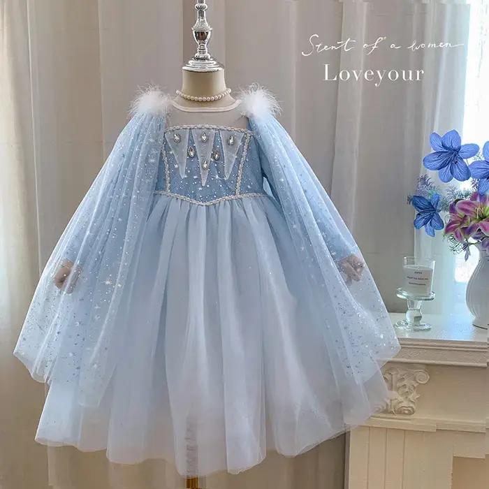 Robe Princesse Elsa pour filles voile moelleuse avec châle style mignon pour enfants occasions spéciales années 2025