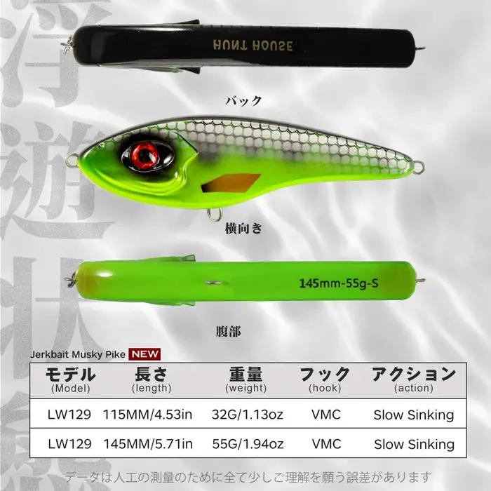 Leurre de pêche Hunthouse Musky Buster Jerkbait 115mm/32g 145mm/55g à coulée lente, sonorité forte,
