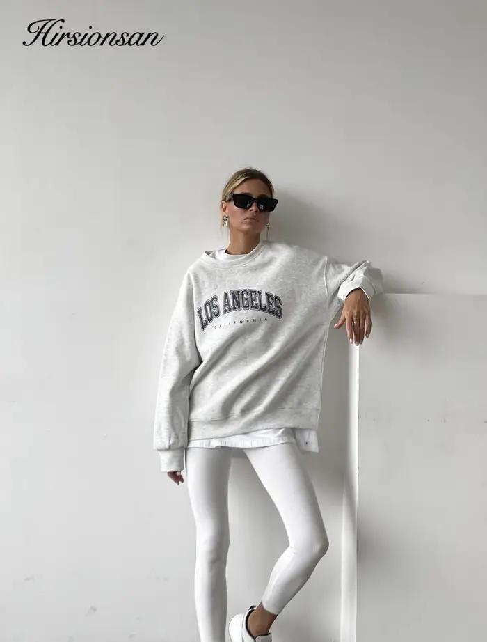 Hirsionsan-Sweat-shirt 35% coton imprimé lettre pour femme, pulls basiques, sweats à capuche coréens
