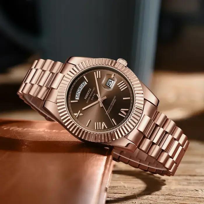 Montre homme NIBOSI quartz luxe - Bracelet acier étanche avec date et jour, montre masculine élégante