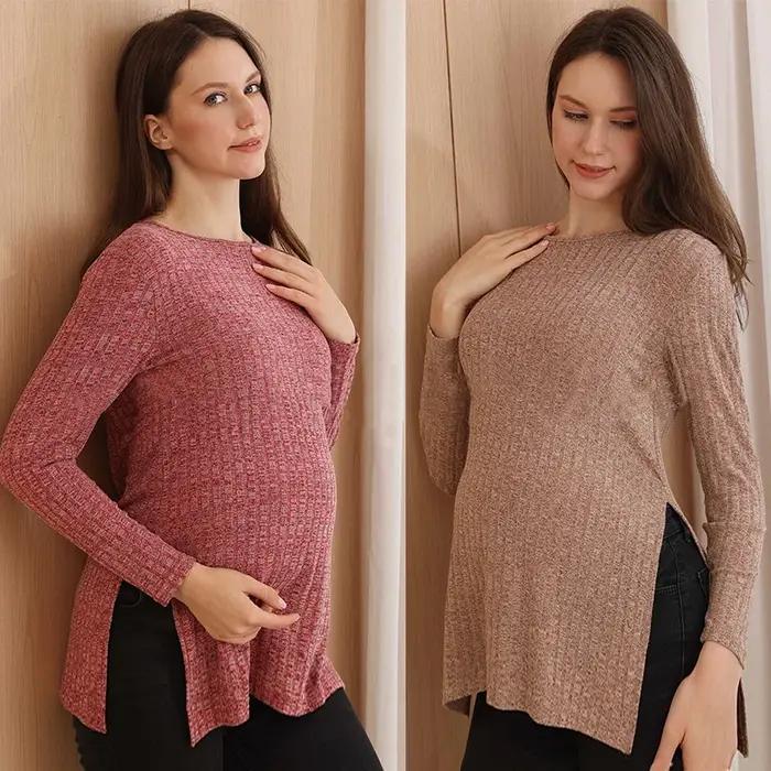 Vêtements de maternité élégants, T-Shirt Simple à manches longues pour femmes enceintes, vêtements pour maman, printemps automne, haut de grossesse, 2 couleurs