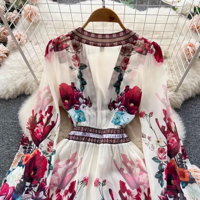 Robe de style bohème pour femme, col en V profond, manches longues, décontracté, imprimé floral, vol