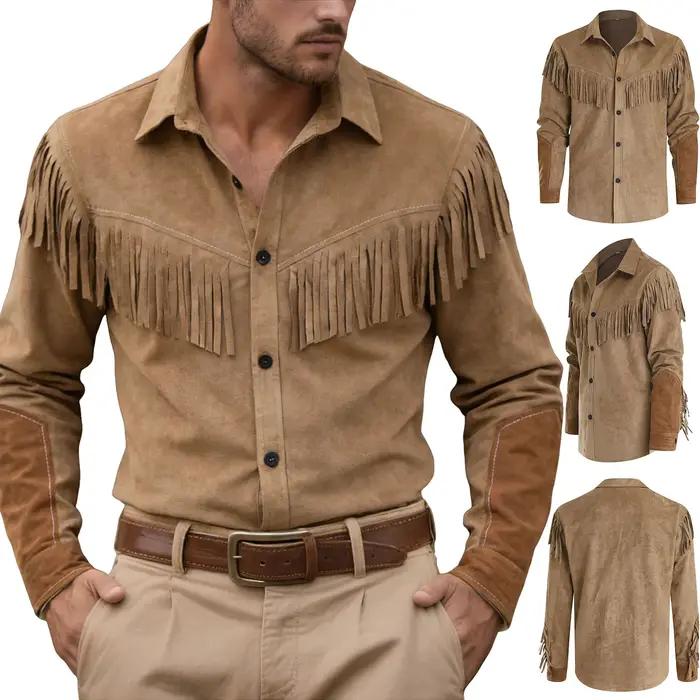 Costume de cowboy pour hommes, chemises de cowboy, cardigan décontracté en daim imitation avec franges, vestes boutonnées, chemises à manches longues, mode masculine