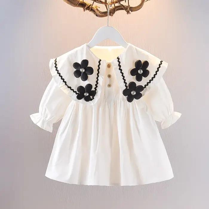 Robe version coréenne pour enfants printemps et automne mode fille pur coton fleur poupée cou