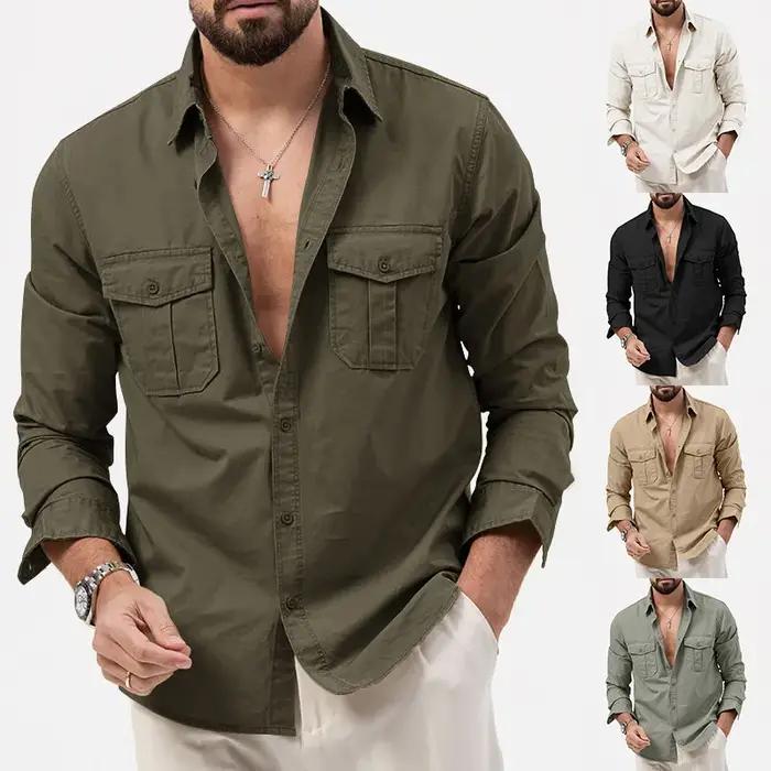 Chemise homme affaires chemises décontractées 2026 nouveauté hommes marque célèbre vêtements armée vert à manches longues Camisa Masculina
