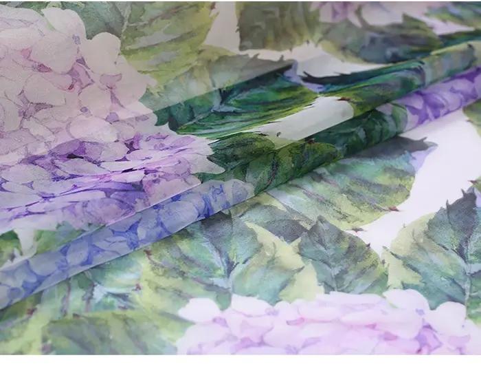 Tissu en mousseline de soie naturelle hortensia feuilles vertes peluche pour robe Tecido Tulle Seda bon marché bricolage
