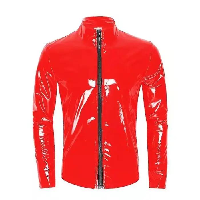 Nouveaux hommes Cardigan à fermeture éclair col montant chemise PVC brillant en cuir verni Sexy serr
