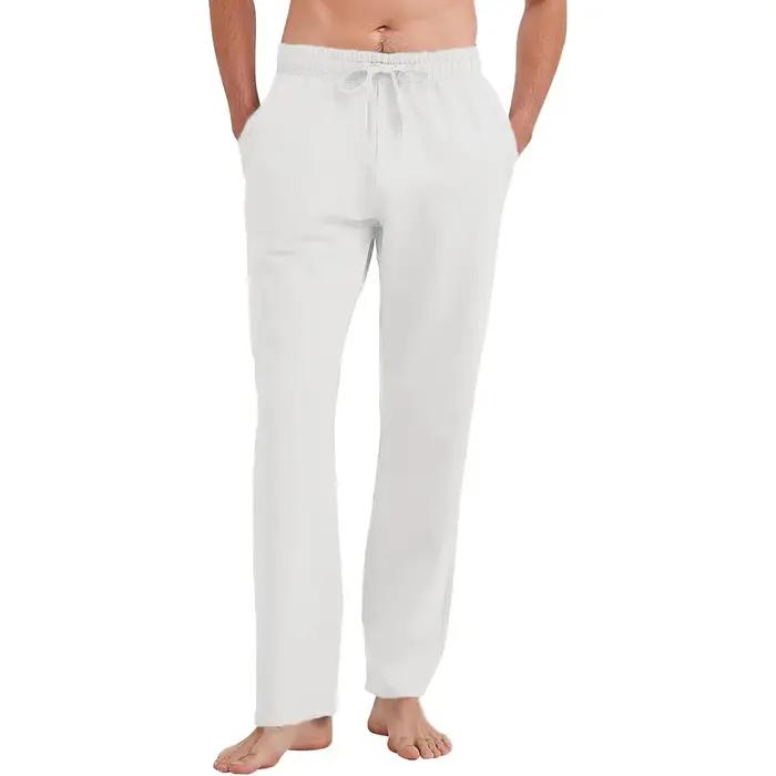 Pantalon droit homme coton lin léger respirant été décontracté couleur unie taille élastique confortable
