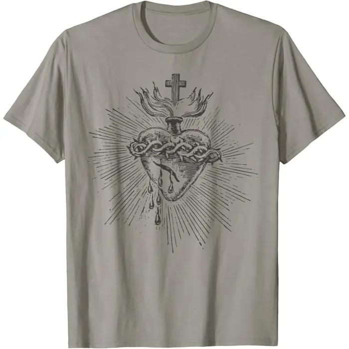 T-shirt pour homme avec impression religieuse, art catholique vintage du Sacré-Cœur de Jésus