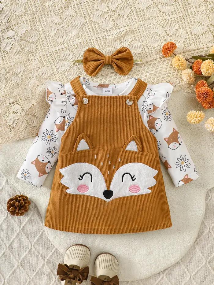 Ensemble en velours côtelé Little Fox Autumn Story : Combinaison imprimée marguerites + Jupe à bretelles brodée 3D +