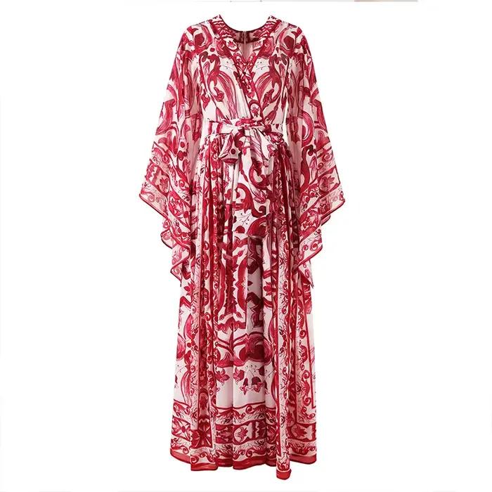 Robe de vacances à imprimé de porcelaine rouge bleu et blanc pour femmes, robe longue d'été, robe bo