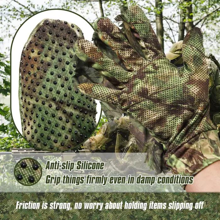 Gants camouflage 3D feuilles unisexes - Chasse, pêche, tir, vélo, pêche, plein air, doigts complets