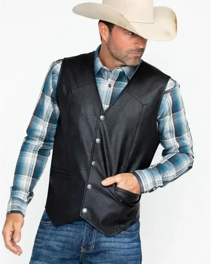 Doux 100% cuir gilet Snap Western hommes cadeau tenue de vacances motard informel