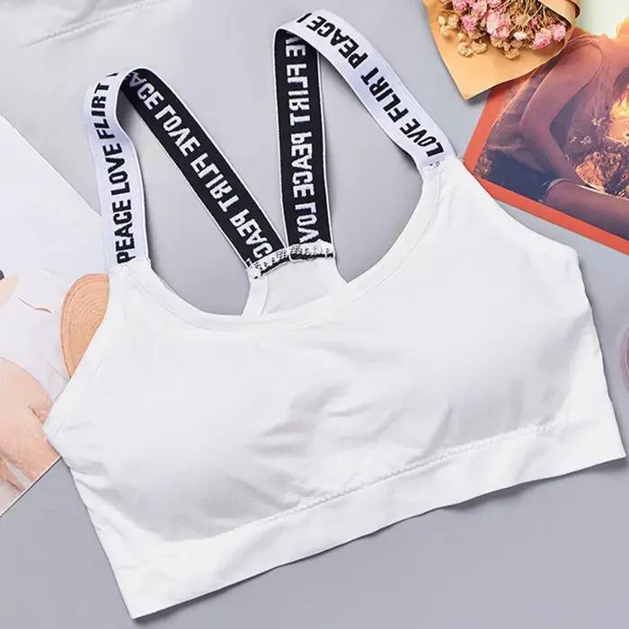 Soutien-gorge de sport sans couture pour femme, avec larges bretelles à lettres, confortable pour le yoga et le fitness, sans armatures, idéal pour l'entraînement et les activités sportives.