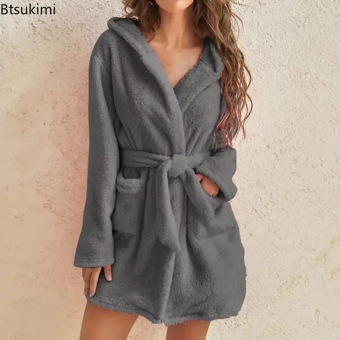 Robe de bain pour femmes, pyjama d'hiver en peluche moelleuse, Sexy, à capuche, couleur unie, peignoir chaud, vêtements de maison