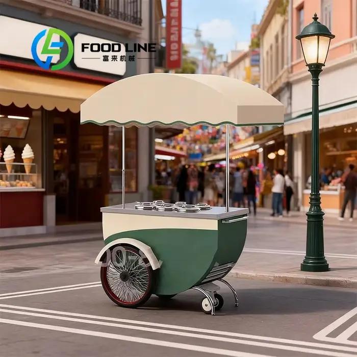 Chariot de vente mobile personnalisé en gros, stand de présentation de fleurs et de snacks pour événements commerciaux en extérieur