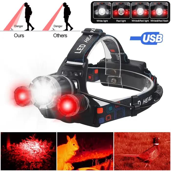 Lampe frontale de chasse rouge + blanc double lumière Rechargeable mise au point fixe étanche 4 Modes phare