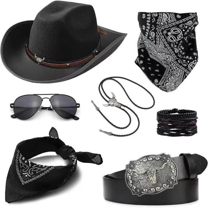 Costume de Cowboy pour hommes et femmes, chapeau de Cowboy occidental, Bolo, cravate, boucle, ceinture, ensemble d'accessoires pour Halloween, fête Cosplay Disfraz