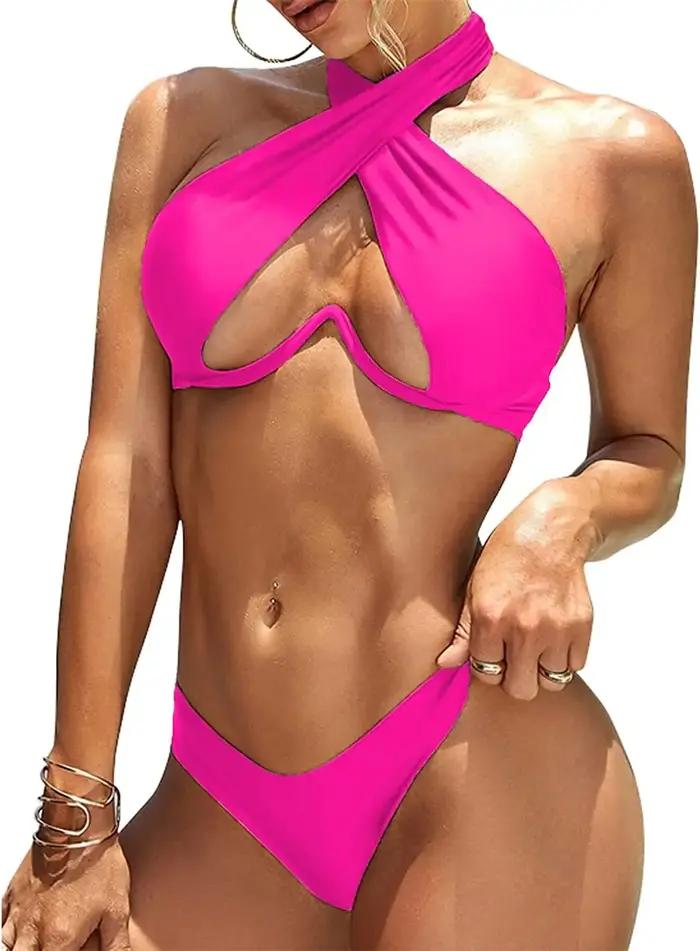 Bikini à bretelles croisées avec armatures 2026 Maillot de bain femme uni Push-up