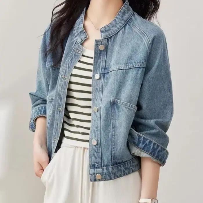 Veste en jean coréenne unie pour femme, manteau de cowboy, col montant, vêtements d'extérieur, nouve