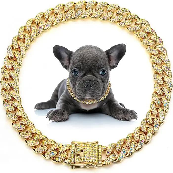 Laisse pour chien en chaîne métallique avec collier cubain en diamant artificiel et boucle de sécuri