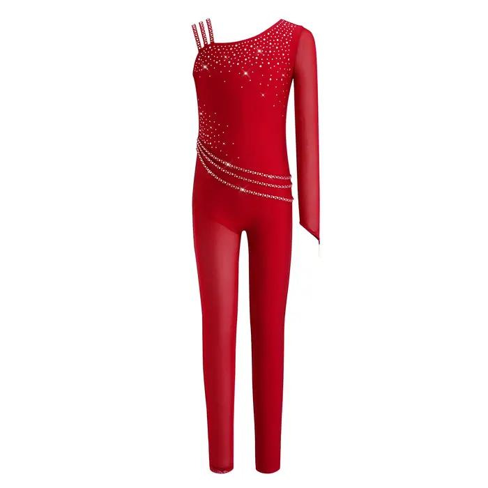Justaucorps de danse et de gymnastique pour filles, avec strass scintillants, maille asymétrique, co