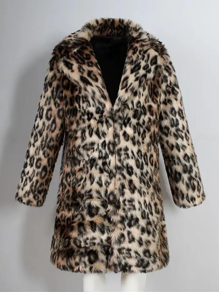 Manteau long en fausse fourrure pour homme, col large, motif léopard, épais, collection automne-hive