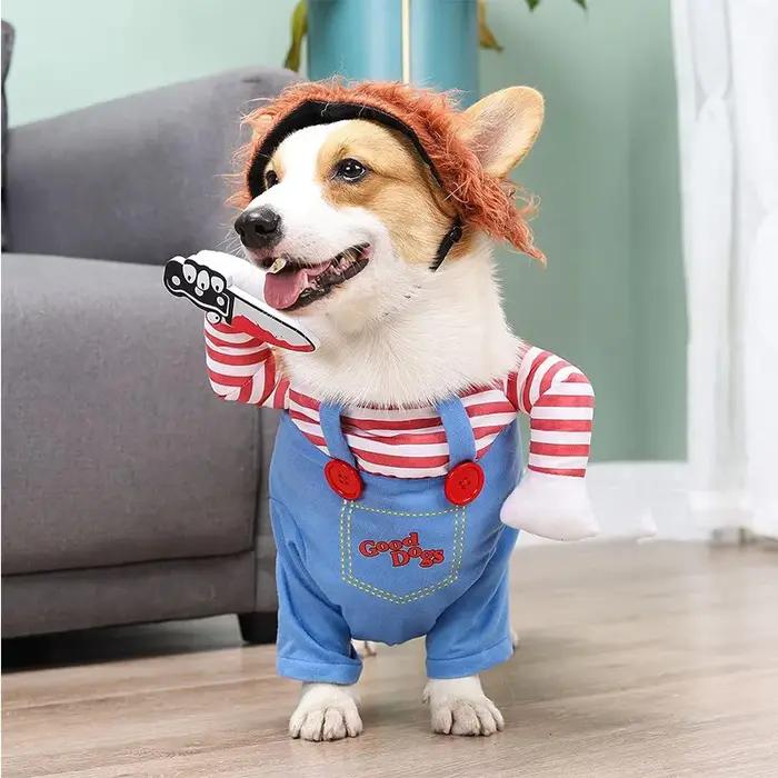Costume d'horreur pour animaux de compagnie pour chiens, tenue de tueur complète avec fausse perruque de couteau, parfait pour les fêtes costumées d'halloween et de noël