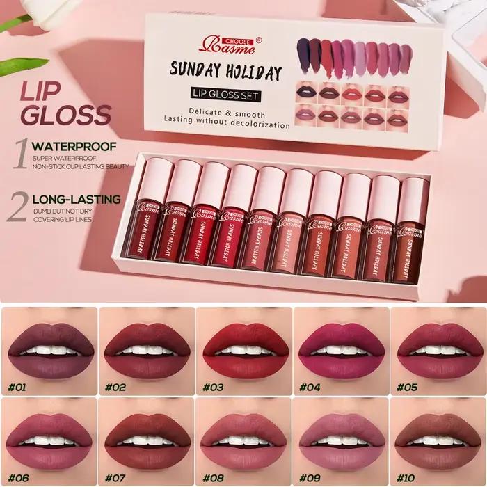Lot de 10 rouges à lèvres velours : gloss imperméable et longue tenue, ensemble hydratant pour femme