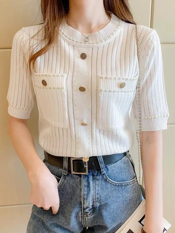 T-shirt blanc pour femmes junior, décontracté, avec poches, hauts tricotés pour l'été, occasions estivales et cadeaux surprises