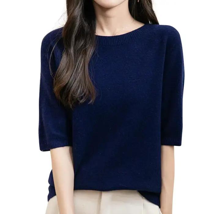 Hauts pour femmes, vêtements 100% laine mérinos, printemps automne hiver, première ligne, prêt à porter, tricoté sans couture, col rond, pull à manches courtes