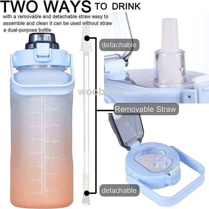 Bouteille d'eau de sport pour course à pied, 2l, motivation avec marqueur de temps, autocollants, gobelets en plastique portables et réutilisables