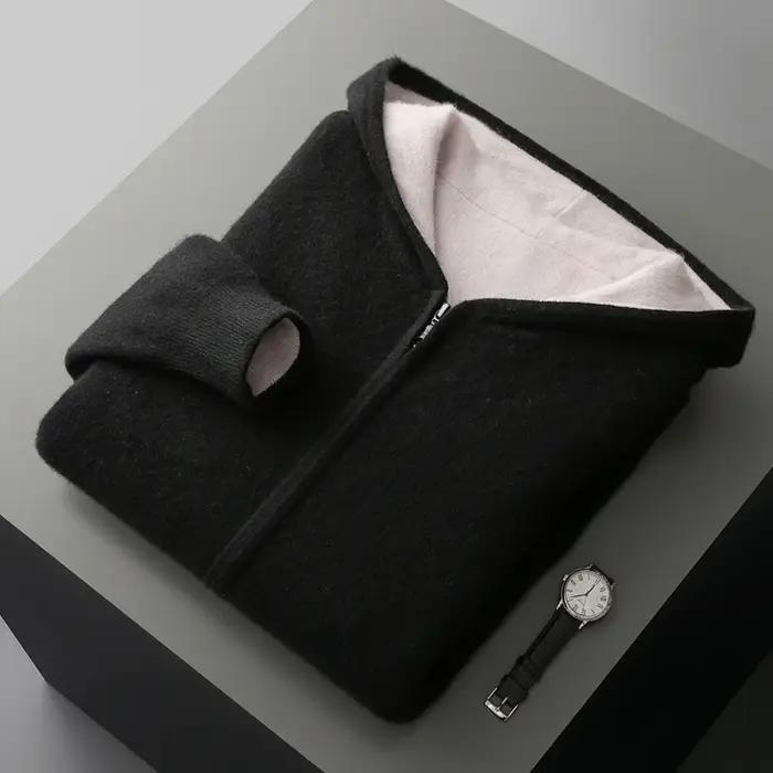 Épais à capuche hommes fermetures éclair Pure laine pull Cardigan automne hiver 100%