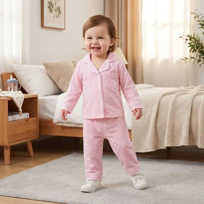Vêtements pour enfants, ensembles de pyjama pour filles et garçons, chemises à manches longues rayées à boutons, hauts et pantalons, vêtements de nuit, tenues décontractées