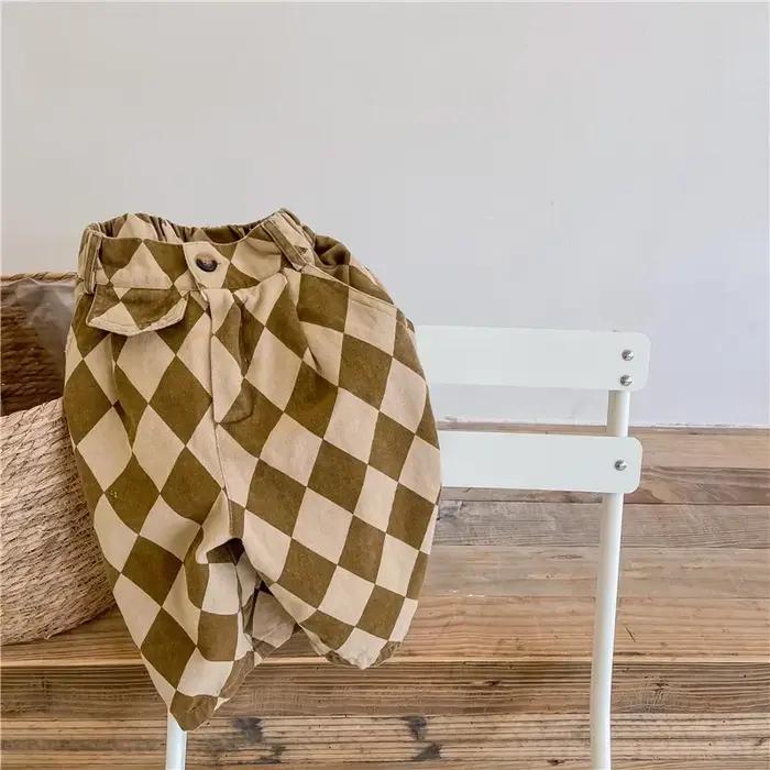 Pantalons Harem en Coton Lavé Design à Carreaux Vintage Unisexe Polyvalents pour Enfants Occasions Spéciales Japonais Coréen Toutes Les Saisons