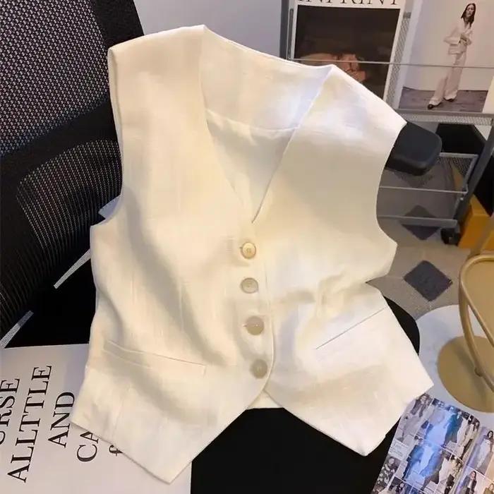 Gilet français en lin blanc à col en v pour femme, nouvelle mode d'été, costume haut de gamme sans m