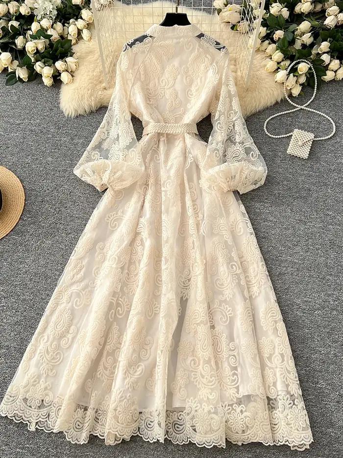 Printemps été européen américain col montant simple boutonnage dentelle robe femmes élégant broderie