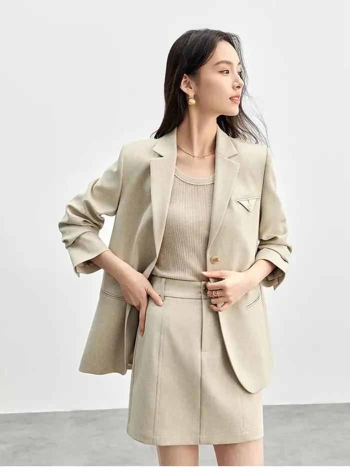 SENTUBILA femmes jupe costumes lin mélange épaulettes simple bouton Blazer solide élégant Mini jupes deux pièces ensembl