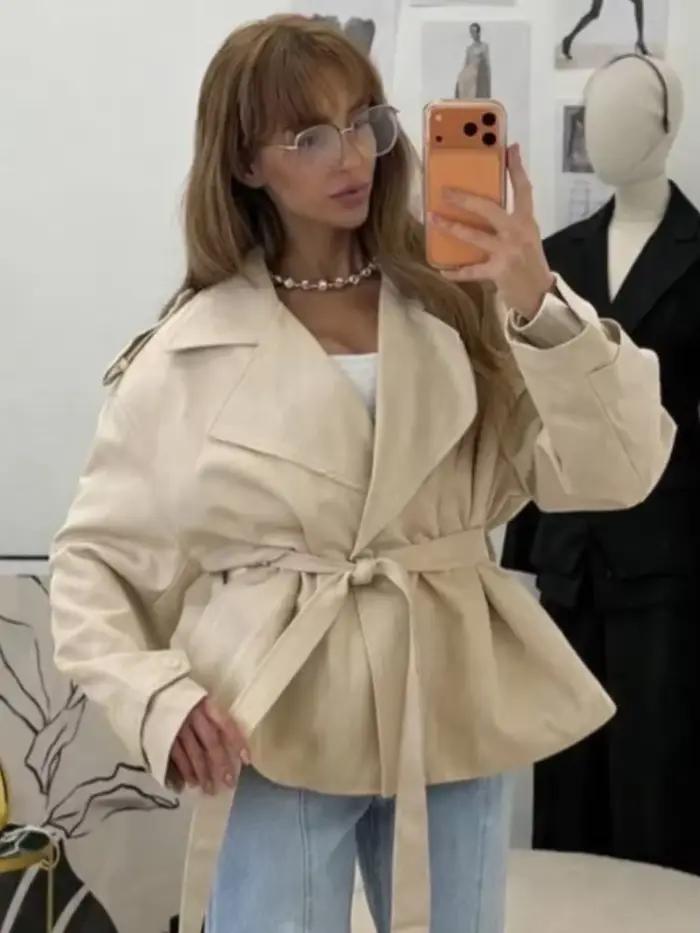 Dame couleur unie à lacets veste élégant Chic à manches longues revers bouton manteau ample automne
